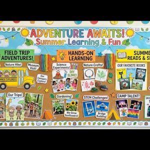 May include: A large rectangular bulletin board titled ADVENTURE AWAITS! Summer Learning & Fun. It features sections for Field Trip Adventures, Hands-On Learning, and Summer Reads & Skills, decorated with images of a yellow bus, books, and nature.