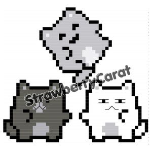 May include: Pixelated cat illustrations in grey and white. The image features three cat designs: a grey cat, a white cat, and a grey cat-shaped cloud. The text "Strawberry Carat" is also present.
