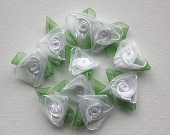 Organza Ribbon Roses - 10 ct White with Green Leaves