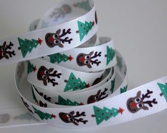 3/4" Grosgrain Ribbon - Reindeer and Tree Christmas Ribbon