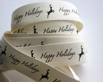 Reindeer Cotton Ribbon - Happy Holidays Canvas Trim, 2 Yards