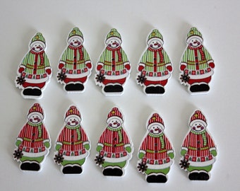 Snowbuddies Wood Buttons - 10 ct - Santa Snowmen - Christmas Buttons - Holiday Buttons