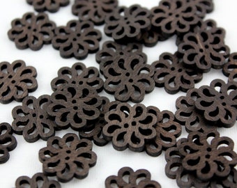 Wood Buttons - Brown Flowers - 10 ct