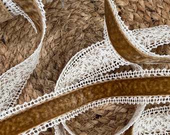 1 1/2" Wide Crochet Edge Velvet Ribbon - By the Yard - Antique Gold/Ivory