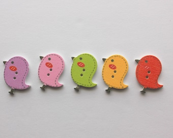 Wood Buttons - 5 Count - Colorful Birds - Kids Buttons