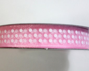 5/8" Dotted Organza Ribbon - Pink with White Dots - 25 yd Spool