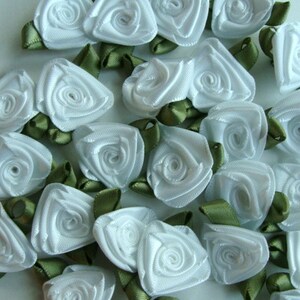 Satin Ribbon Roses - White with Moss Green Leaves 12 count