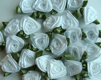 Satin Ribbon Roses - White with Moss Green Leaves 12 count