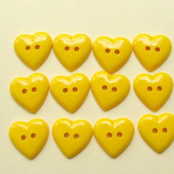 1 Dozen Heart Shaped Buttons 21 mm - Yellow - Buttons
