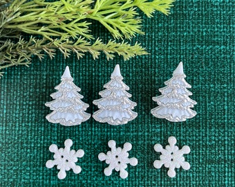 Christmas Buttons - White Christmas - Trees & Snowflakes - Holiday Trim