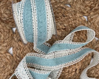 1 1/2" Wide Crochet Edge Velvet Ribbon - By the Yard - Light Blue