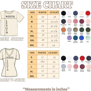 May include: A size chart for unisex and women's V-neck shirts, with measurements in inches. The chart includes sizes S to 4XL for unisex shirts and S to 2XL for women's shirts, along with a colour palette.