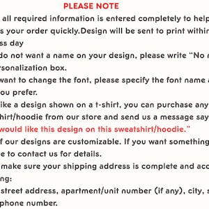 May include: A cream-coloured paper with black text providing instructions for ordering custom designs. The text includes details on personalisation, font changes, and shipping address requirements. The phrase "PLEASE NOTE" is at the top.