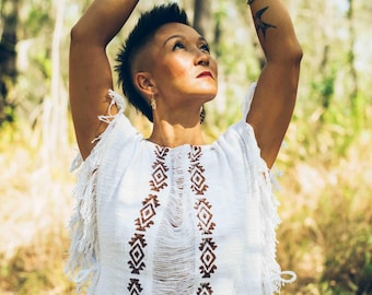 Blusa boho de algodão cru, camisa poncho tribal, blusa boho para festivais, roupa hippie natural