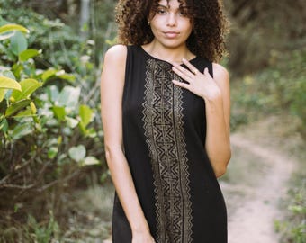 Boho Tribal Cotton Maxi Dress: Gold Block Print, Slit Summer Dress