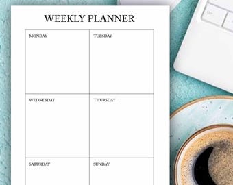 May include: A white weekly planner sheet with black text and grid lines. The header reads WEEKLY PLANNER, followed by sections for Monday, Tuesday, Wednesday, Thursday, Saturday, and Sunday. The layout is organized into six distinct rectangular boxes.