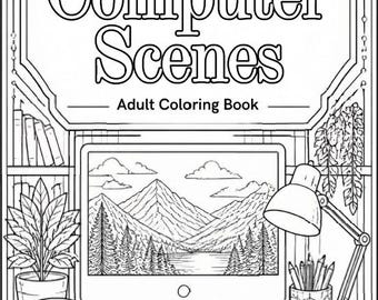 Computer Scenes Adult Coloring Book, Printable PDF, Cozy Desk Coloring Pages, Landscape Nature City Space Beach, Relaxing Digital Download