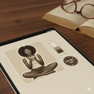 Puede incluir: Una tableta digital muestra una imagen en tonos sepia de una persona meditando con una taza, junto con un icono de batería y una pegatina "SILENT DAY". Un libro y gafas descansan sobre una superficie de madera.