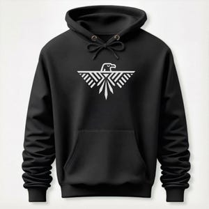 Thunderbird Graphic Hoodie | Tribal Geometric Eagle Hooded Sweatshirt | Modern White Graphic Unisex Pullover