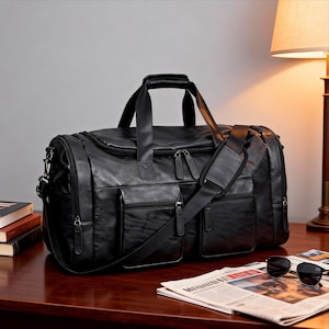 Könnte beinhalten: Eine schwarze Leder-Reisetasche mit mehreren Reißverschlusstaschen und einem Schultergurt. Die Tasche hat einen oberen Griff und steht auf einer Holzoberfläche. Sonnenbrille und Zeitung liegen ebenfalls auf der Oberfläche.