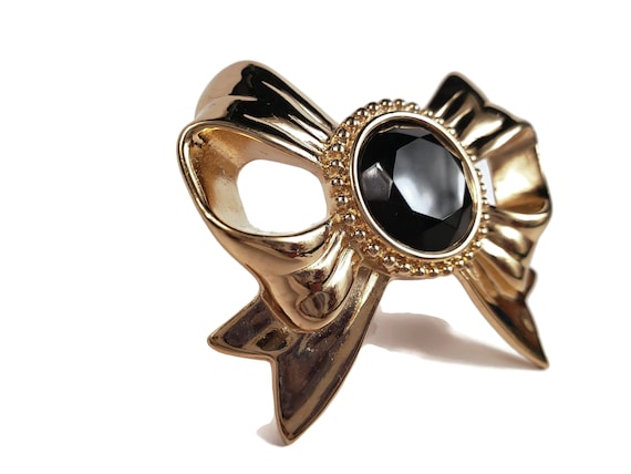 Large Signed Givenchy Black Stone Bow Brooch - image 3