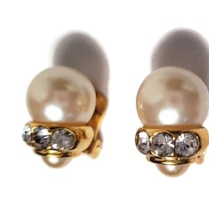 Gold tone Double Faux Pearl and Rhinestone Button Clip Earrings