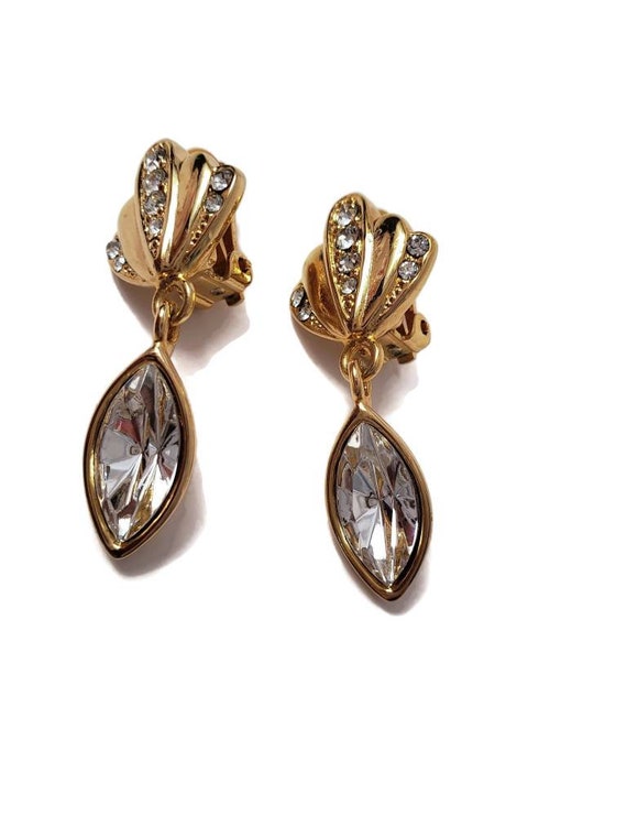 Gold Shell Crystal Drop Clip on Earrings - image 4