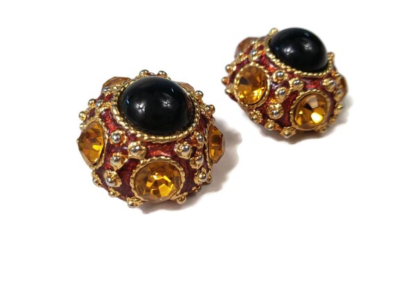 Gorgeous Topaz Onyx and Red Enamel clip on earrin… - image 4