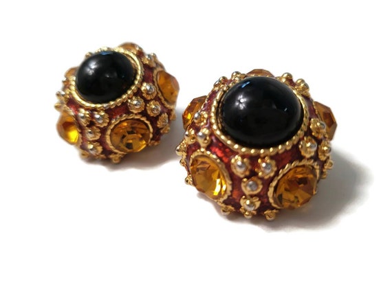 Gorgeous Topaz Onyx and Red Enamel clip on earrin… - image 1