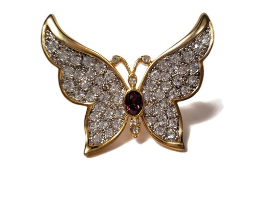 Rhinestone Winged Butterfly Brooch Pin with Ameth… - image 2