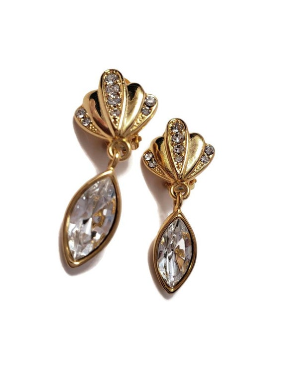 Gold Shell Crystal Drop Clip on Earrings - image 1