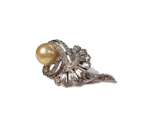 Kramer of New York Rhinestone Pearls Silver Brooch - image 1