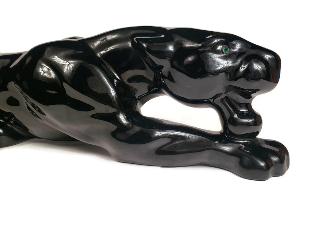 Vintage黒豹(BLACK PANTHER）ブロンズ　オブジェ MCM Vtg Black Panther Statue Gold jewel tone Collar Green