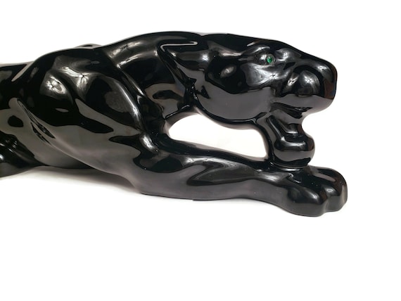 Vintage黒豹(BLACK PANTHER）ブロンズ　オブジェ Vintage Black Carved Panther Sculpture on Rosewood Base