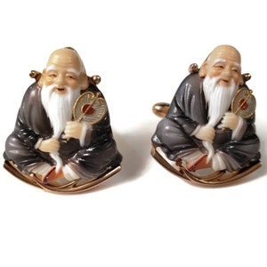 Toshikane God of Wisdom Porcelain Arita Swank Gold Plated Cufflinks