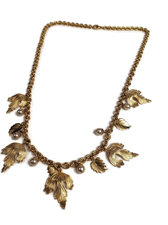 Gold Pearl leaf Charm Necklace