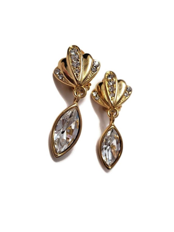 Gold Shell Crystal Drop Clip on Earrings - image 2