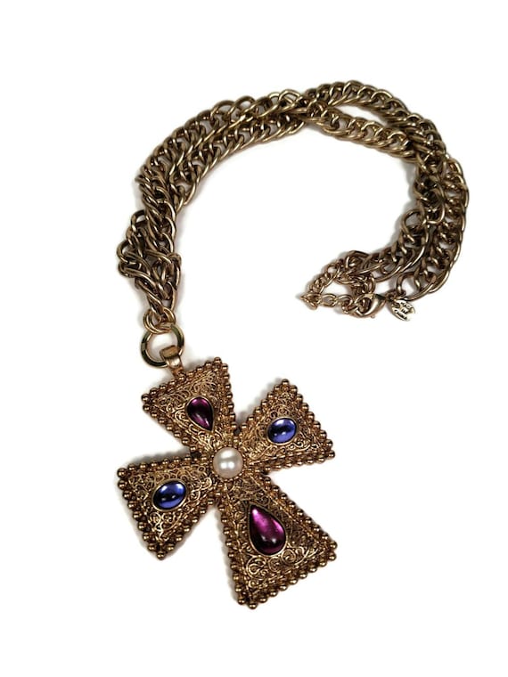 Beautiful Magenta purple and Pearl Filigree Cross… - image 1