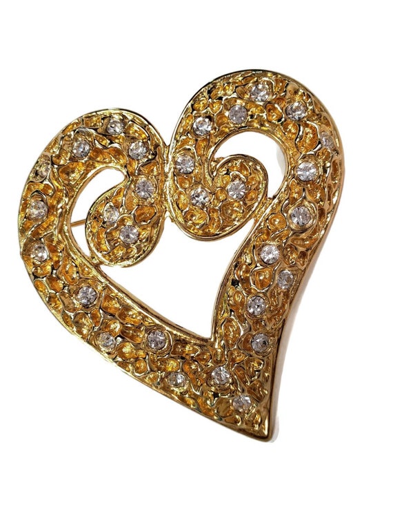 Vintage 80s Vogue Gold Rhinestone Heart brooch - image 1