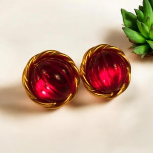 Larged Red Cabochon Gold Bezel Pierced Earrings