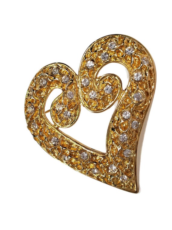 Vintage 80s Vogue Gold Rhinestone Heart brooch - image 2