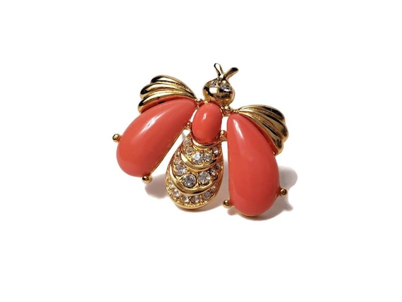 Givenchy Coral Rhinestone insect Brooch - image 1