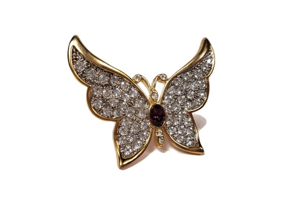 Rhinestone Winged Butterfly Brooch Pin with Ameth… - image 1