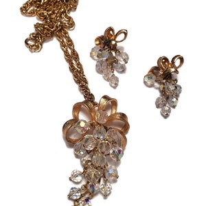 Brushed Gold with A B Rhinestone Pendant Necklace and Earrings Set