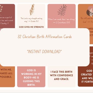 Puede incluir: Un conjunto de 32 tarjetas de afirmación de nacimiento cristianas con citas e ilustraciones florales. Las tarjetas presentan colores terracota, rosa y crema, con frases como «Dios está conmigo, y Él hace todas las cosas posibles».