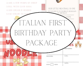 Italian First Birthday Party Bundle | Holy Cannoli Our Little Meatball Is One | Editable Invitation, Milestones & Games