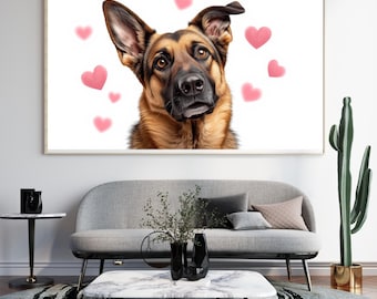 German Shepherd Head Tilt Valentine Wall Art - Cute Dog Portrait With Hearts - Valentine Gift for GSD Owner - Funny Dog Lover Print