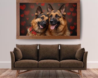 German Shepherd Valentine's Day Wall Art - Couple Dogs Playing surrounded with Hearts - Valentine Gift for Dog Lover - GSD Love Wall Decor