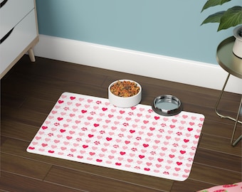 Pink Heart Paw Print Pet Food Mat 12x18 | Dog Cat Feeding Placemat