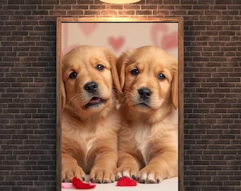 Golden Retriever Valentine's Day Wall Art, Dog Couple Portrait, Lab Lover Gift, Digital Download, Printable Dog Decor